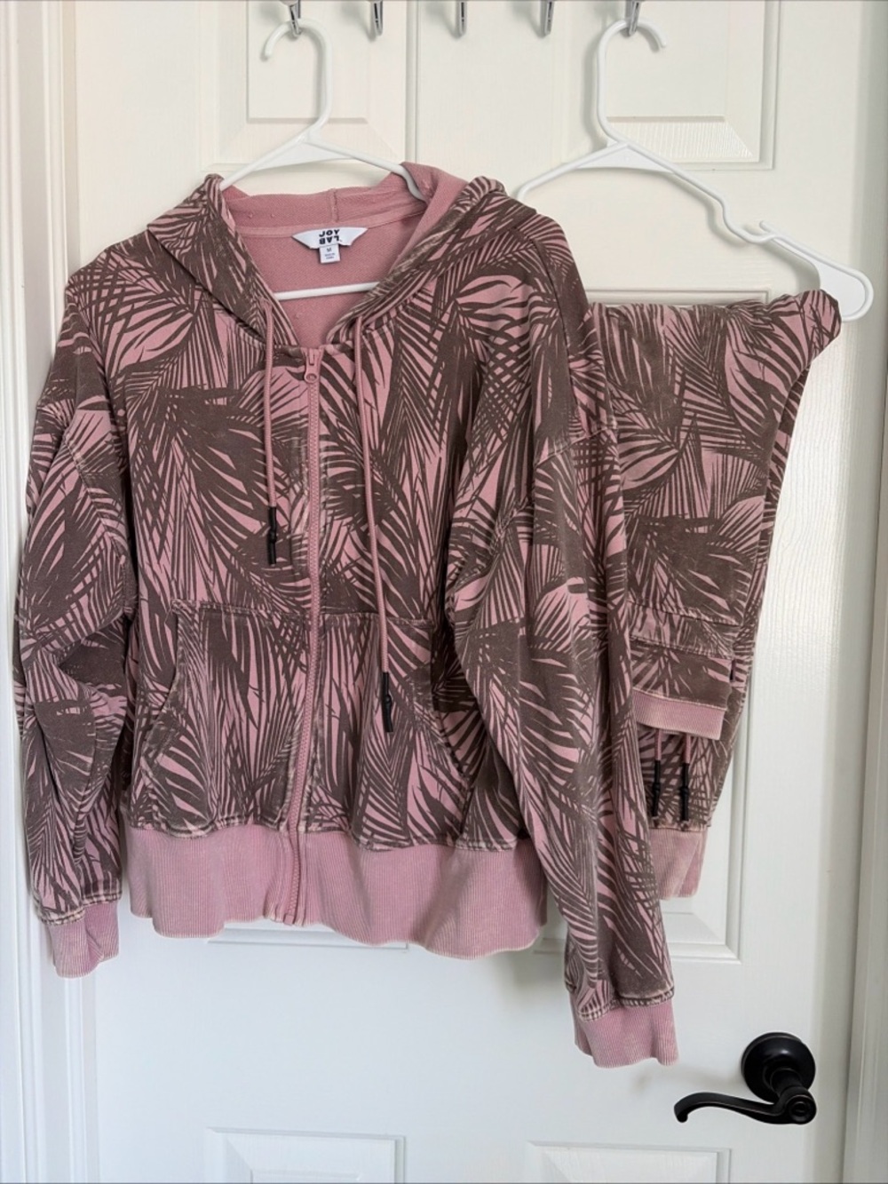 JoyLab Pink & Brown Palm-Print Zip Hoodie Track Pants Set